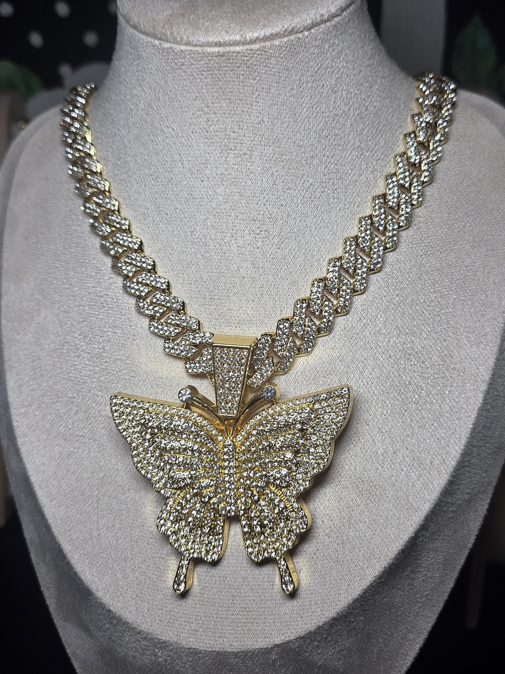 Gold Butterfly Pavé Cuban Link Necklace